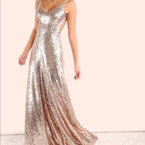 Rose gold backless sequin prom dress